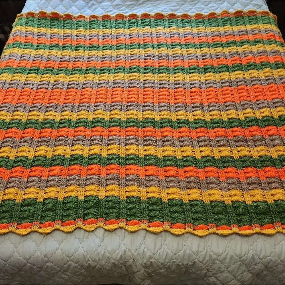 Afghan Throw Blanket Yellow Orange Green 70s Fall Handcrafted Vintage Grannycore